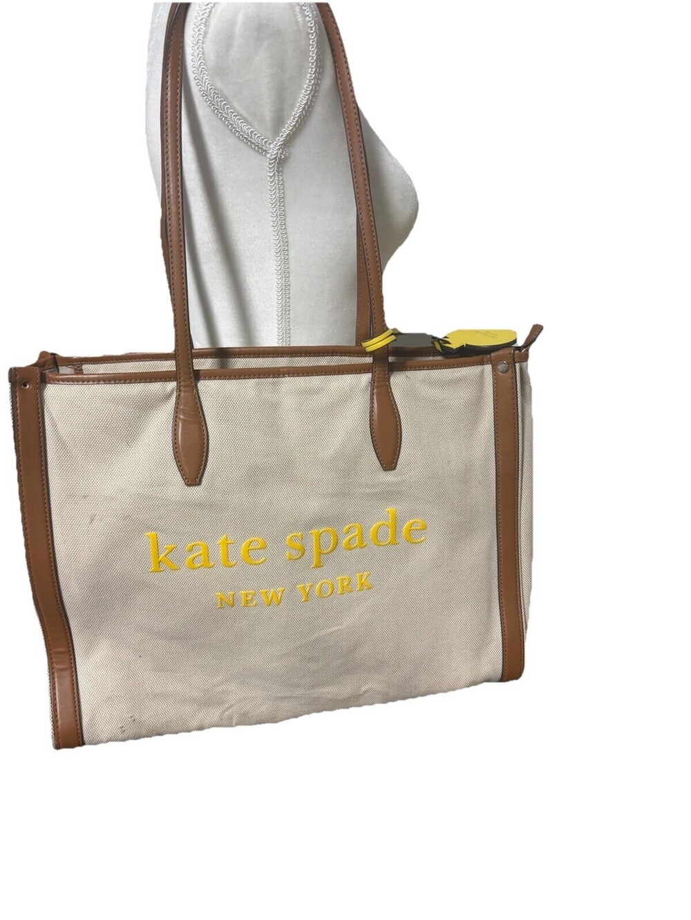 Kate Spade NY Large Market Tote Bag Beige Canvas, Brown Leather